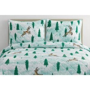 Modern Southern Home King Quilt Set Prancing Deer Trees Reversible 3-Pc Green